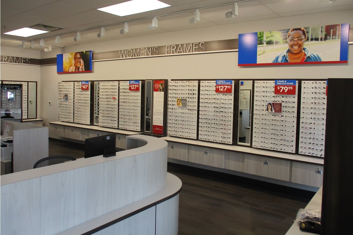 Womens frames glasses display wall new installlation and graphics and signage